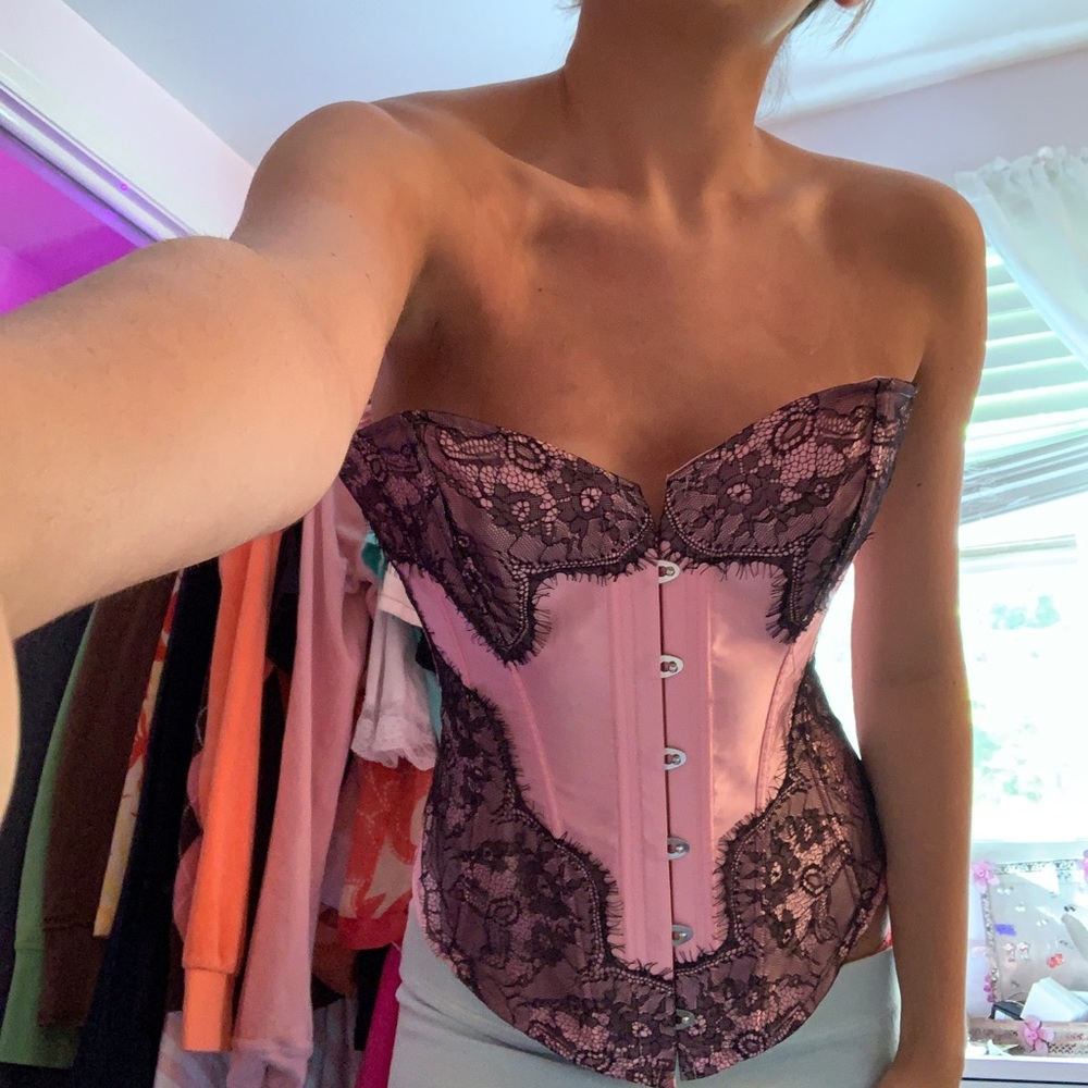 pink and black 2000s lace corset bustier